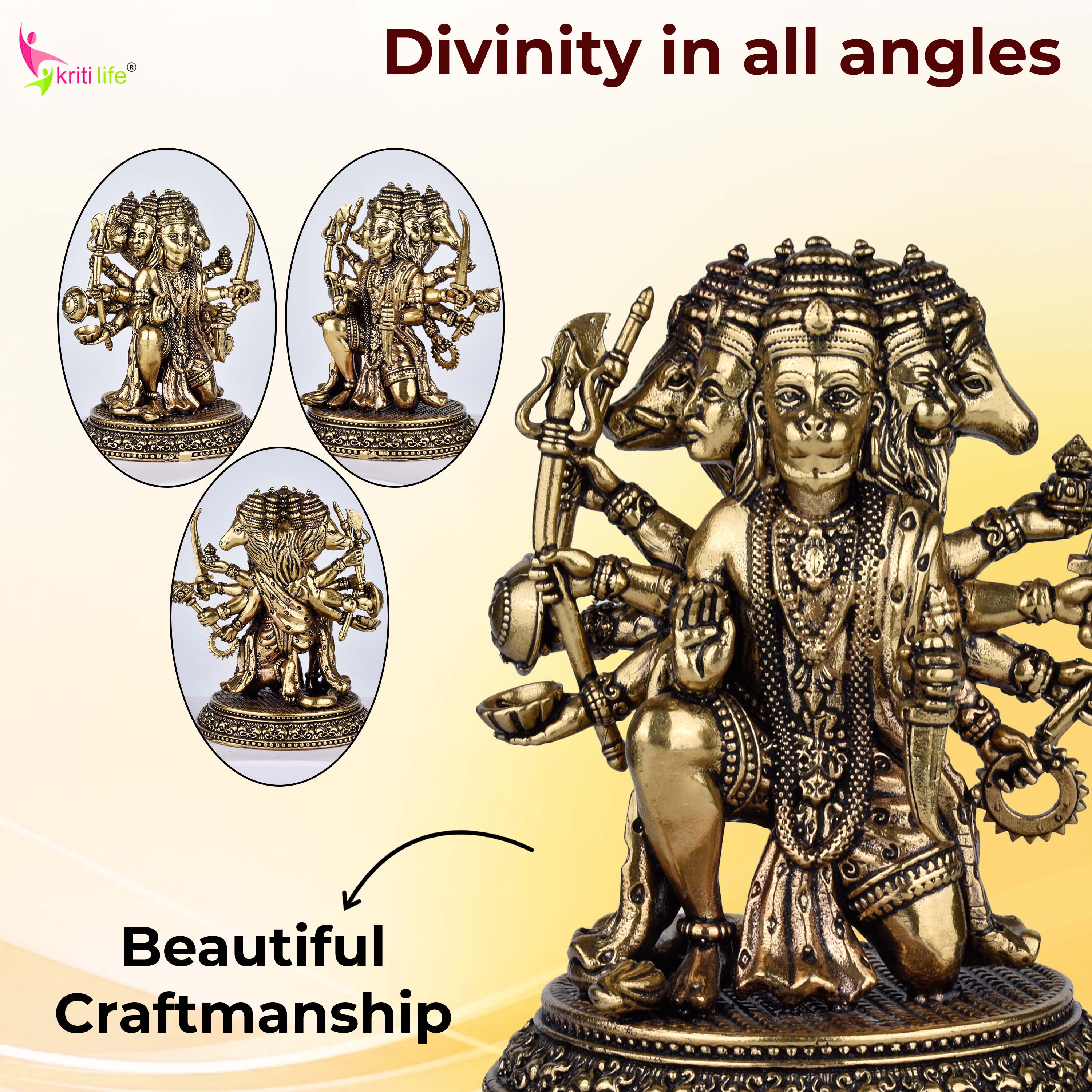 Brass Panchamukhi Hanuman Idol | Five-Faced Hanuman Statue 4 inches for Home Temple & Protection