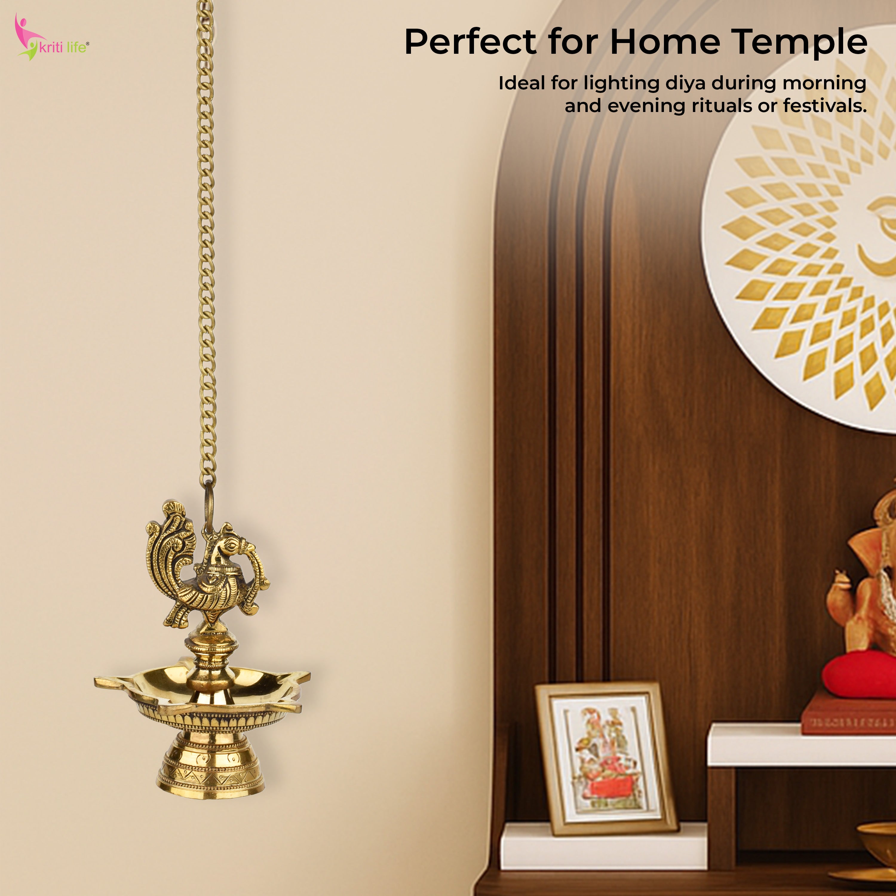 Brass Hanging Peacock Wall Mount Diya with Chain | 47 cm Hight |