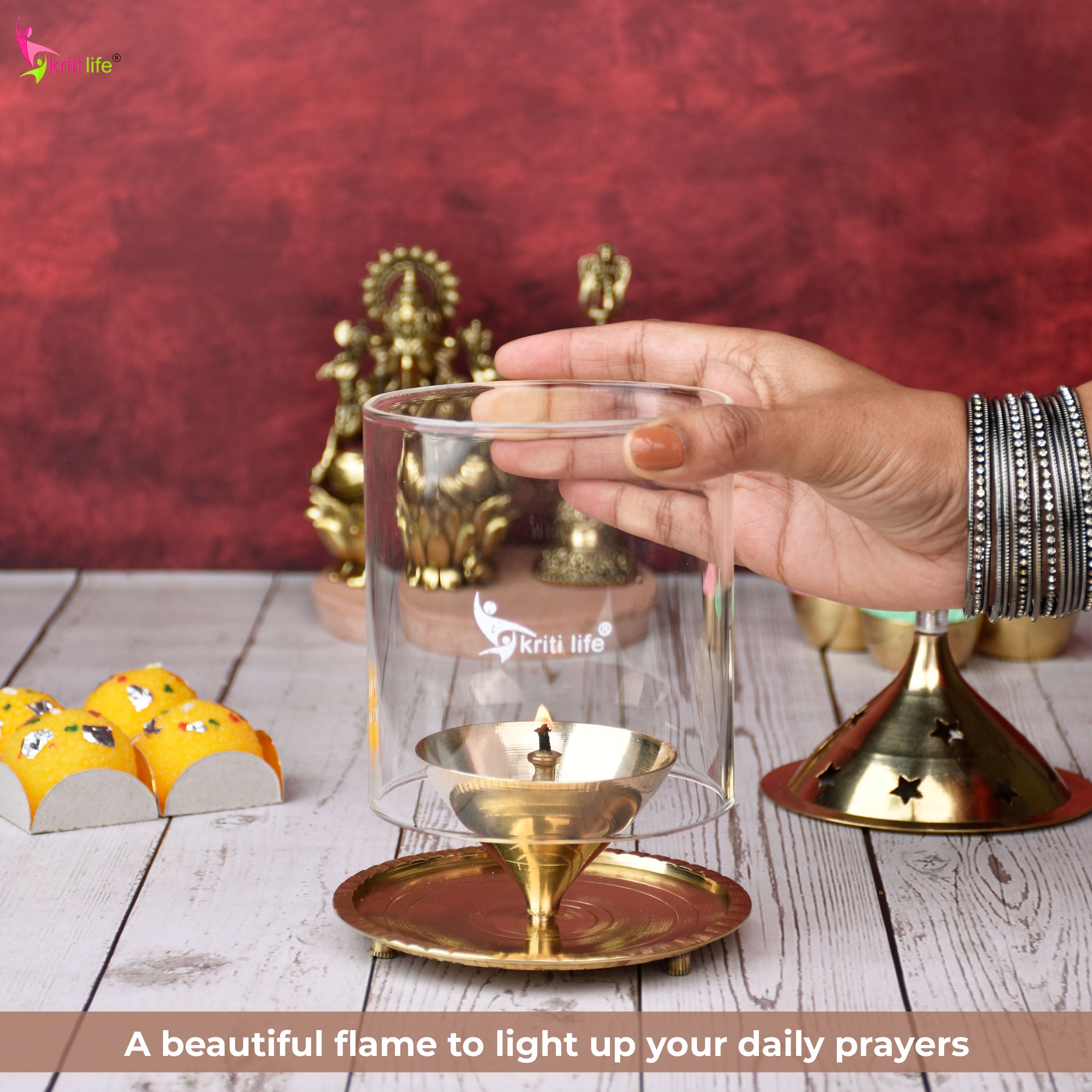 Kriti Life Akhand Jyot Diya –Big size – Brass Diya with Glass Cover for Safe and Continuous Flame | 8 inches