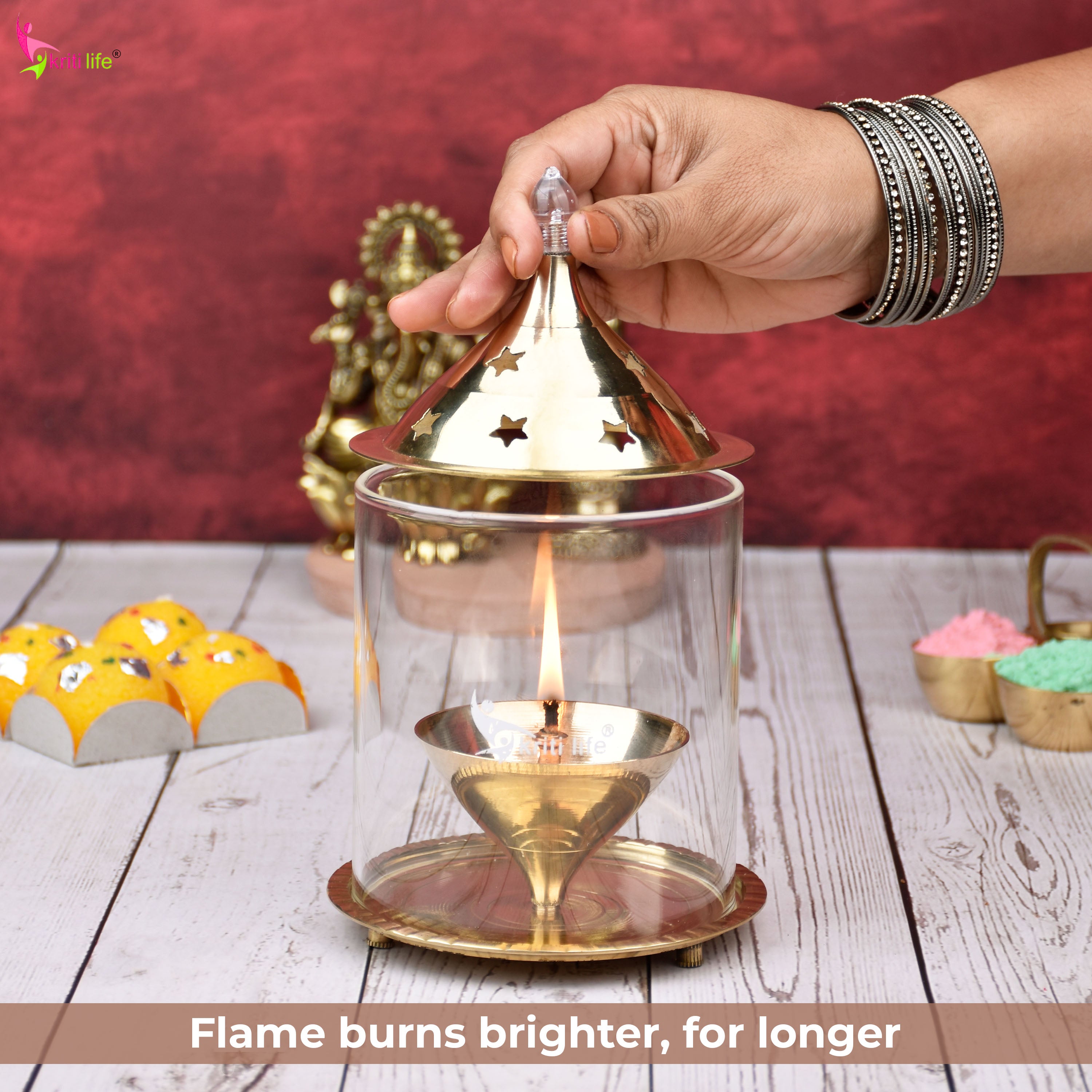Kriti Life Akhand Jyot Diya –Big size – Brass Diya with Glass Cover for Safe and Continuous Flame | 8 inches