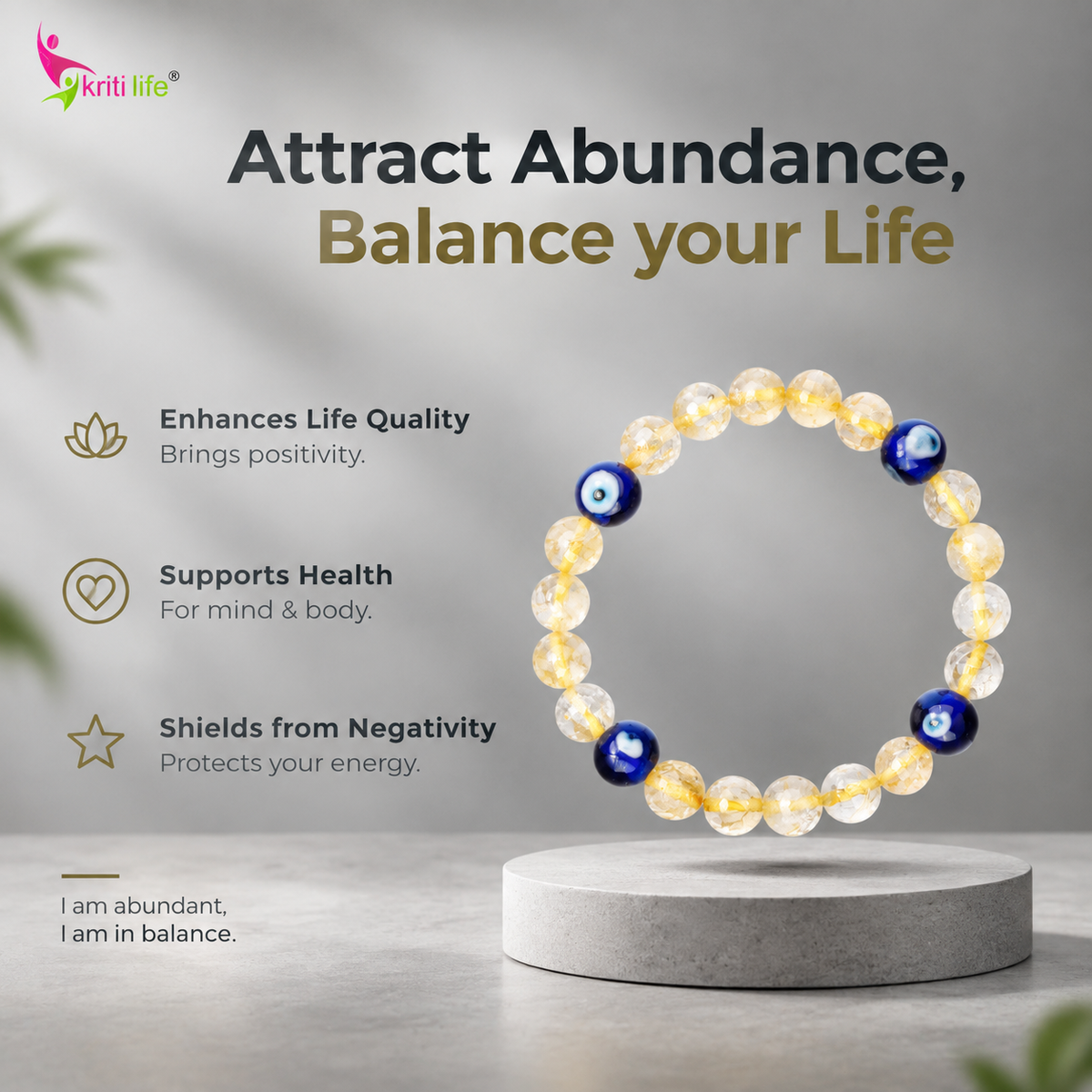 Natural Citrine & Evil Eye Stone Bracelet for Prosperity, Protection - 8mm