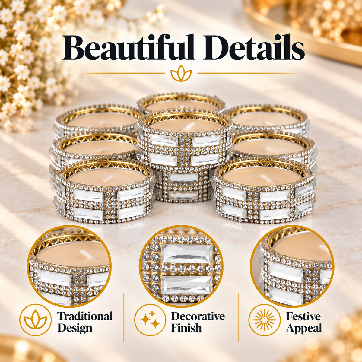 Silver Crystal Decorative Tealight Candles – Set of 10 Diya for Diwali Decor