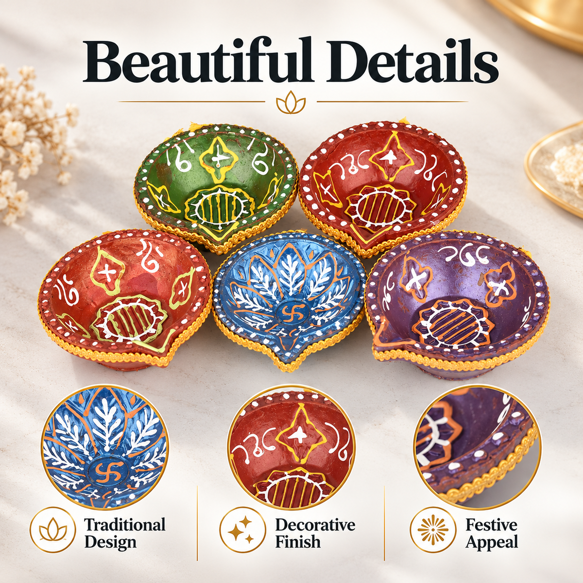 Multicolour Decorative Diya Set of 5 – Traditional Handpainted Style Diwali Diyas
