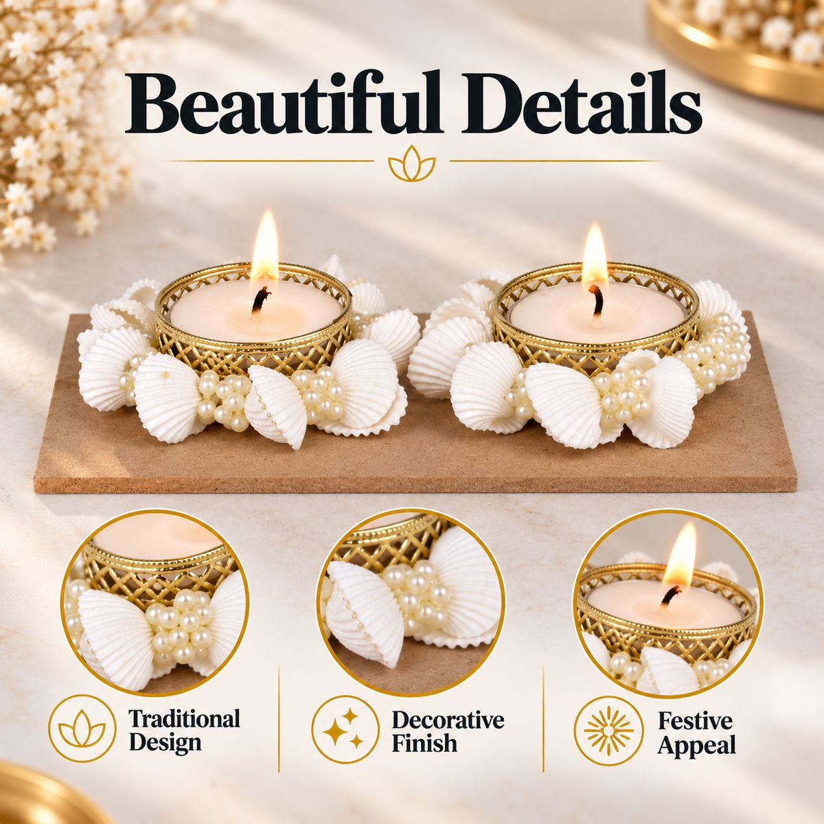 Pearl & Seashell Decorative Tealight Candles – Set of 2 Diya for Diwali Decor