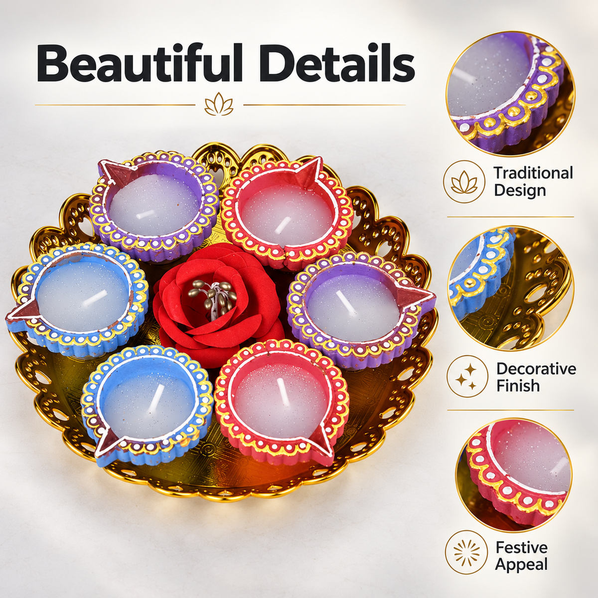 6 Multicolour Decorative Diya Set with Golden Thali for Diwali Decoration