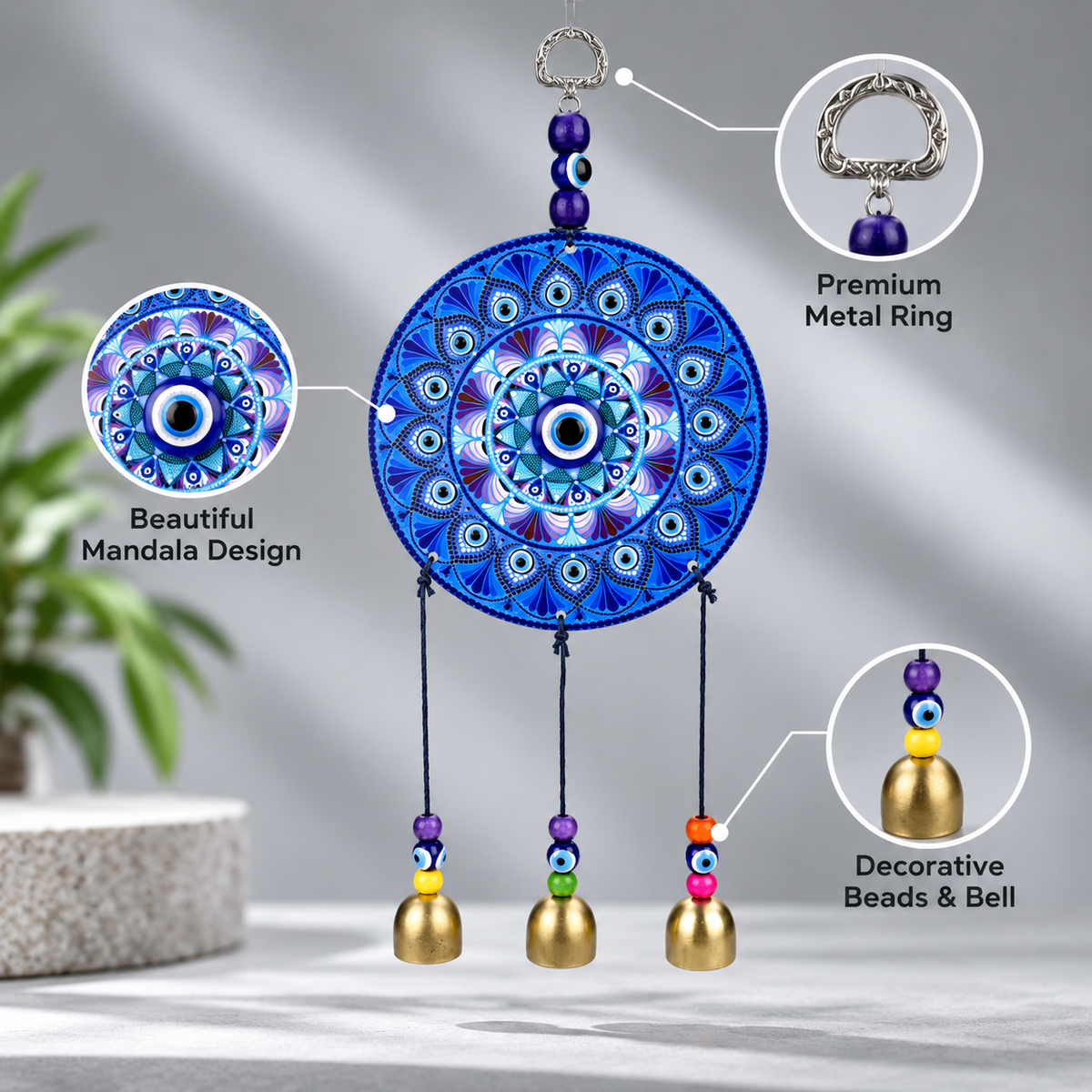 Hanging Evil Eye Wall Decor with Bells | Nazar Suraksha Totem for Home & Office- 30 cm Hight