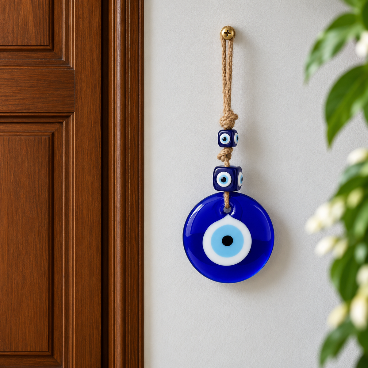 Hanging Evil Eye Protection Charm with Blue Glass Beads & Jute Rope – 26 cm Hight