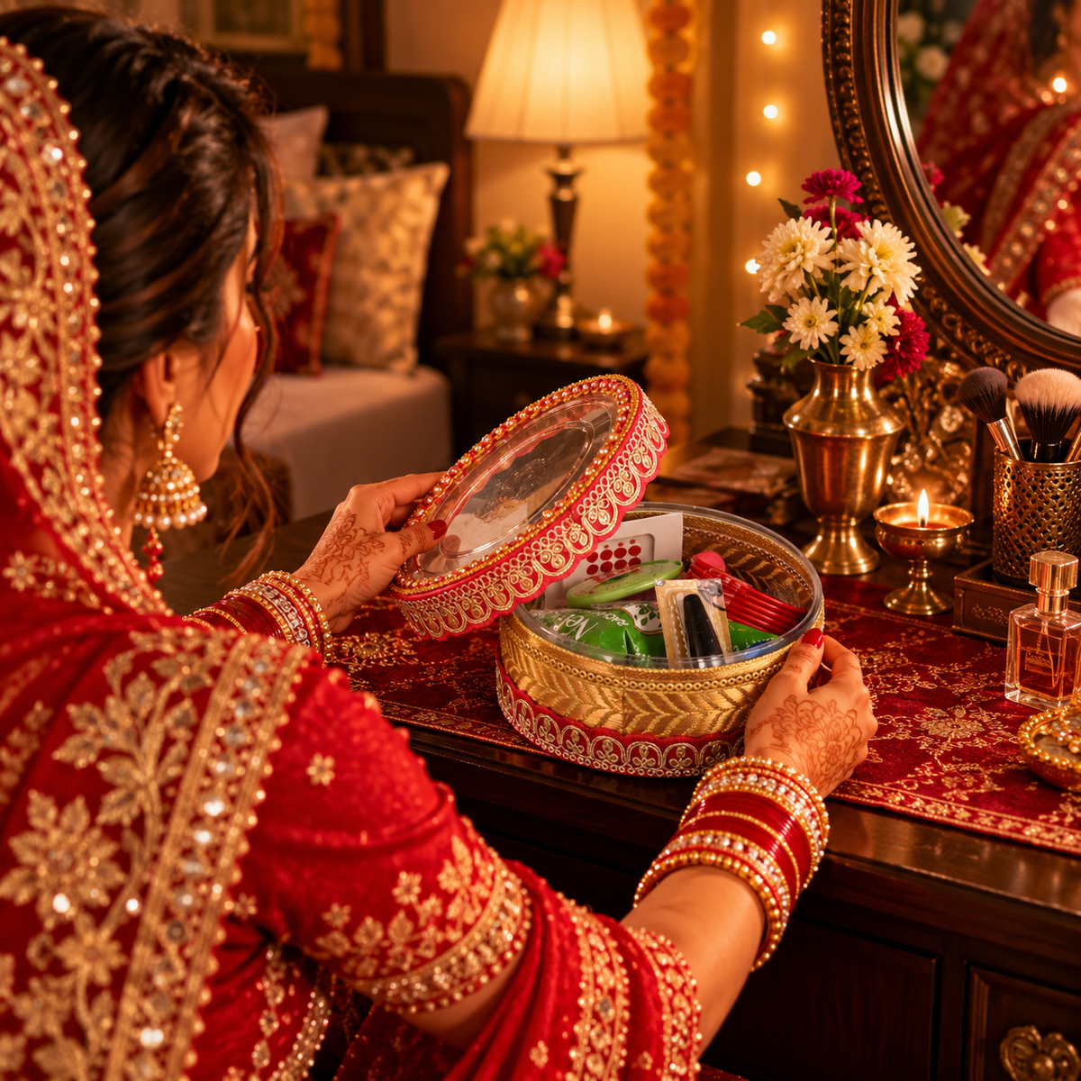 Karwa Chauth Pooja & Makeup Kit with Decorative Box | Traditional Festival Essentials Gift Set