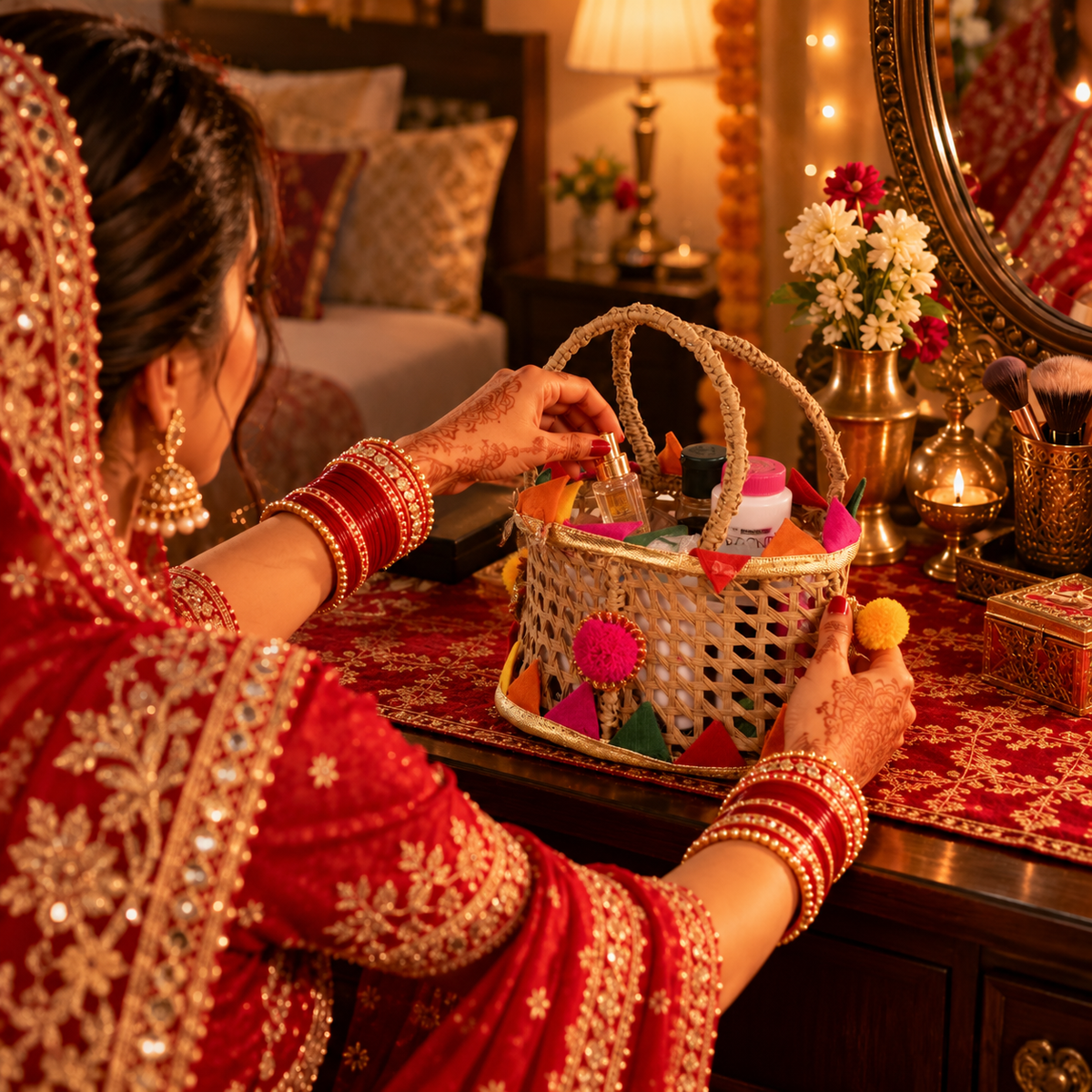 Karwa Chauth Pooja & Makeup Essentials Kit with Decorative Basket