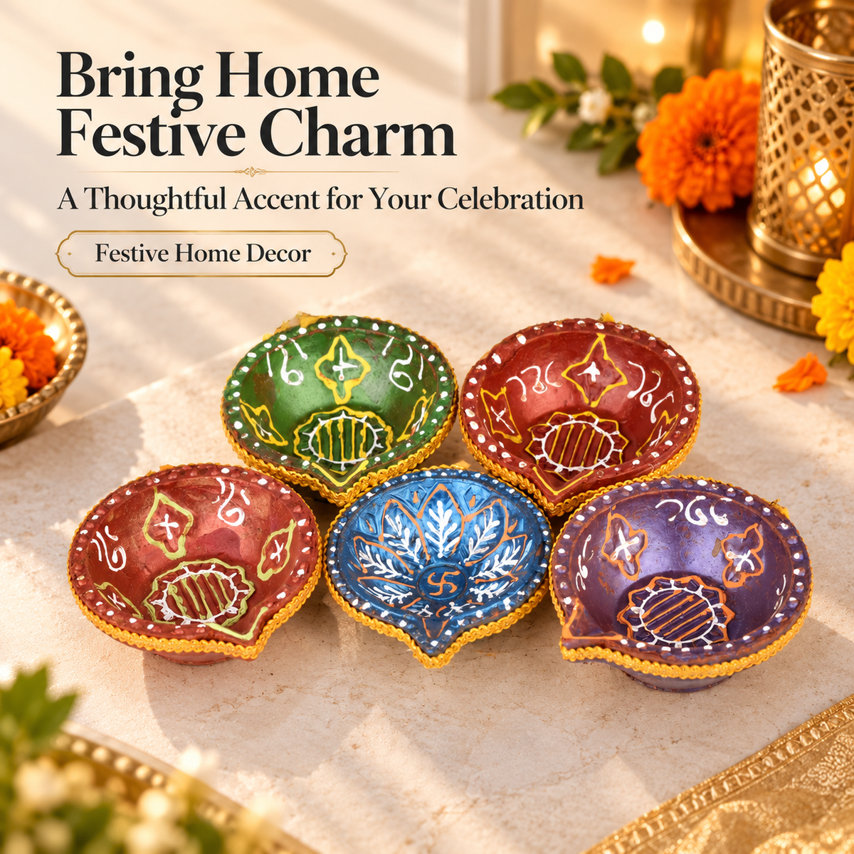 Multicolour Decorative Diya Set of 5 – Traditional Handpainted Style Diwali Diyas