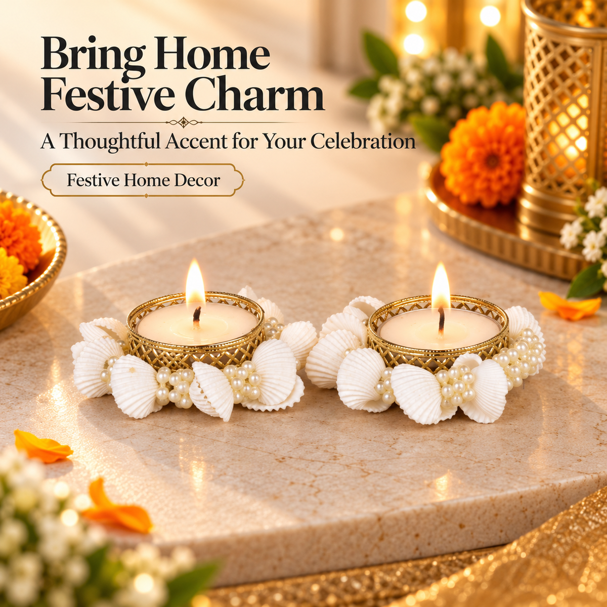 Pearl & Seashell Decorative Tealight Candles – Set of 2 Diya for Diwali Decor