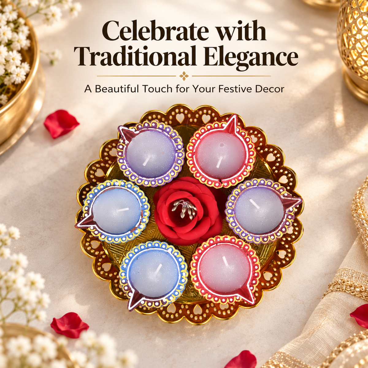 6 Multicolour Decorative Diya Set with Golden Thali for Diwali Decoration