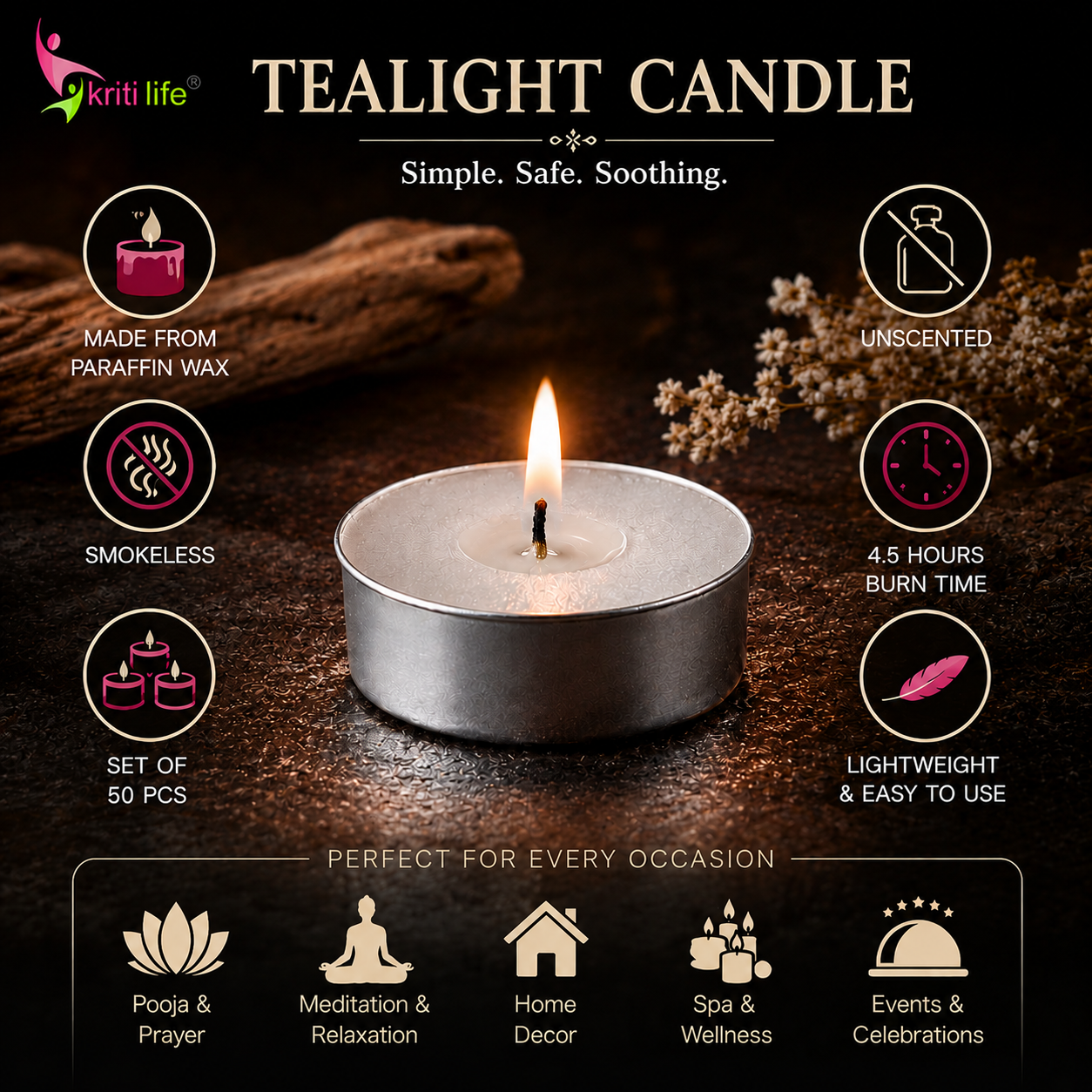 Tealight Candles Unscented  4.5 Hour Set of 50 Pcs