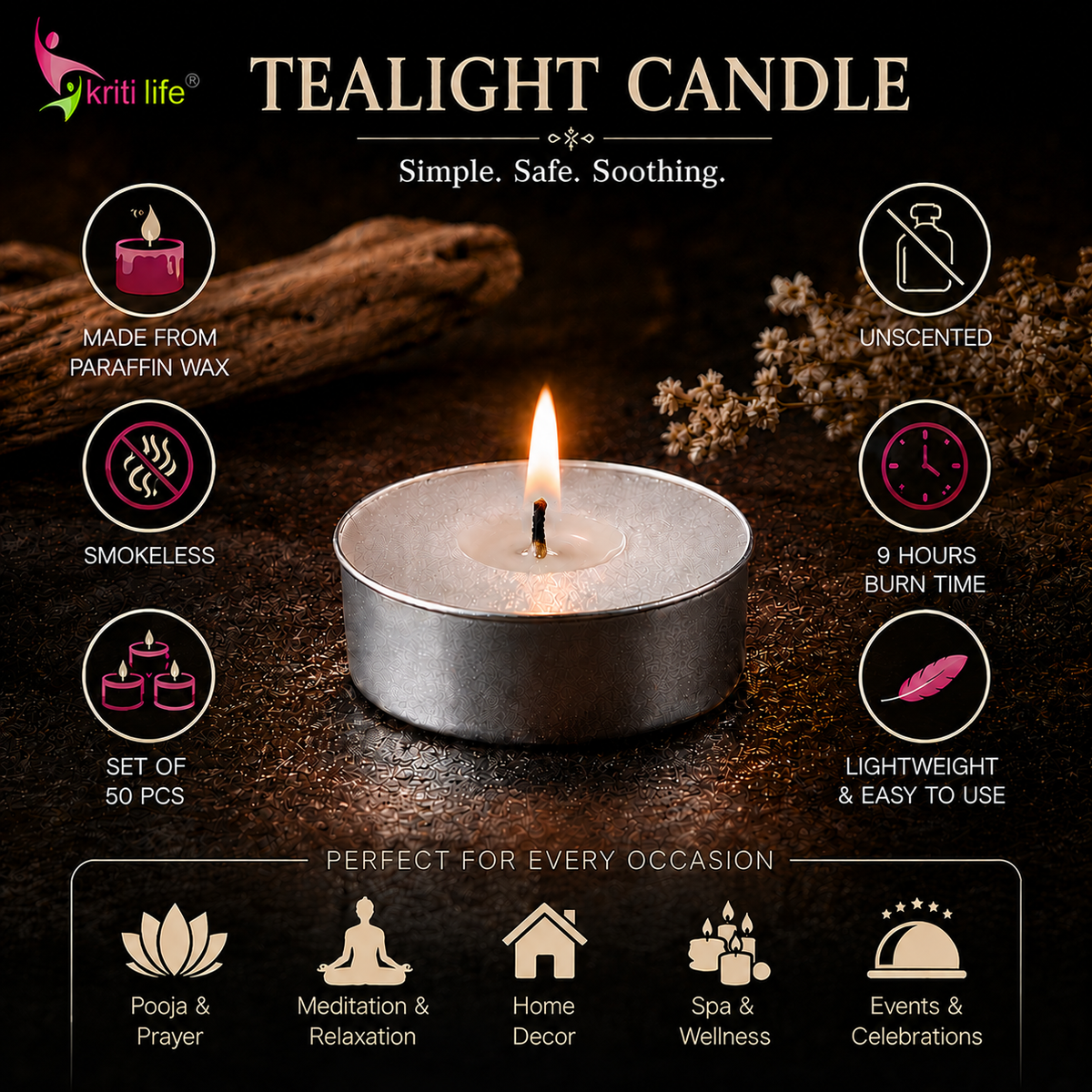 Tealight Candles Unscented  | 9  Hour Burn | Set of 50