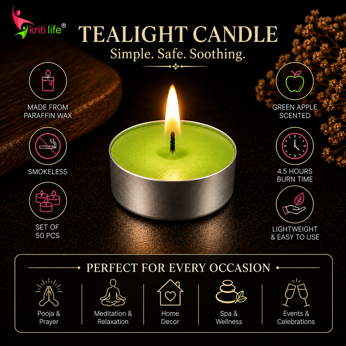 Green Apple Scented Tealight Candles | 4.5 Hour Burn | Set of 50.