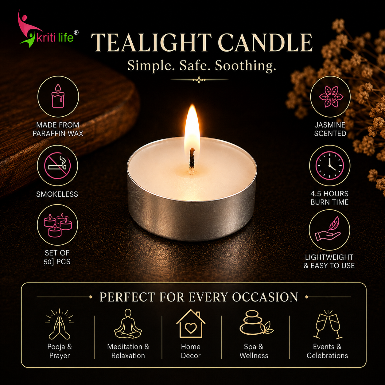 Jasmine Scented Tealight Candles 4.5 Hour Set of 50 Pcs