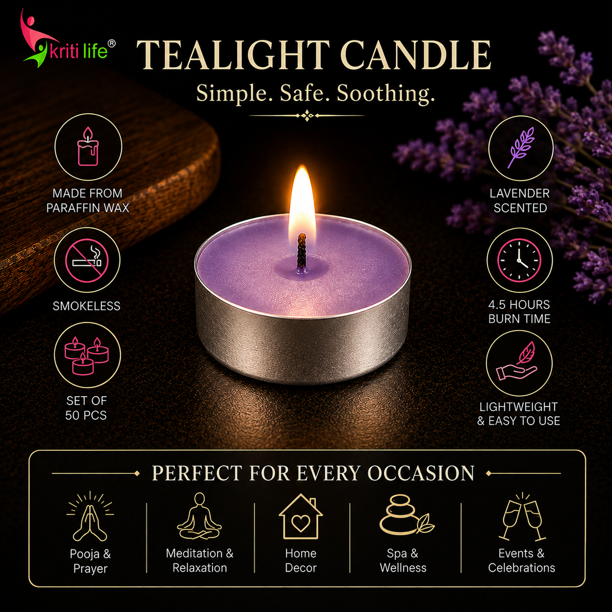 Lavender Scented Tealight Candles | 4.5 Hour Burn | Set of 50.