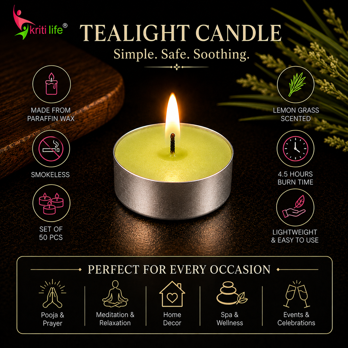 Lemon Grass Scented Tealight Candles | 4.5 Hour Burn | Set of 50.