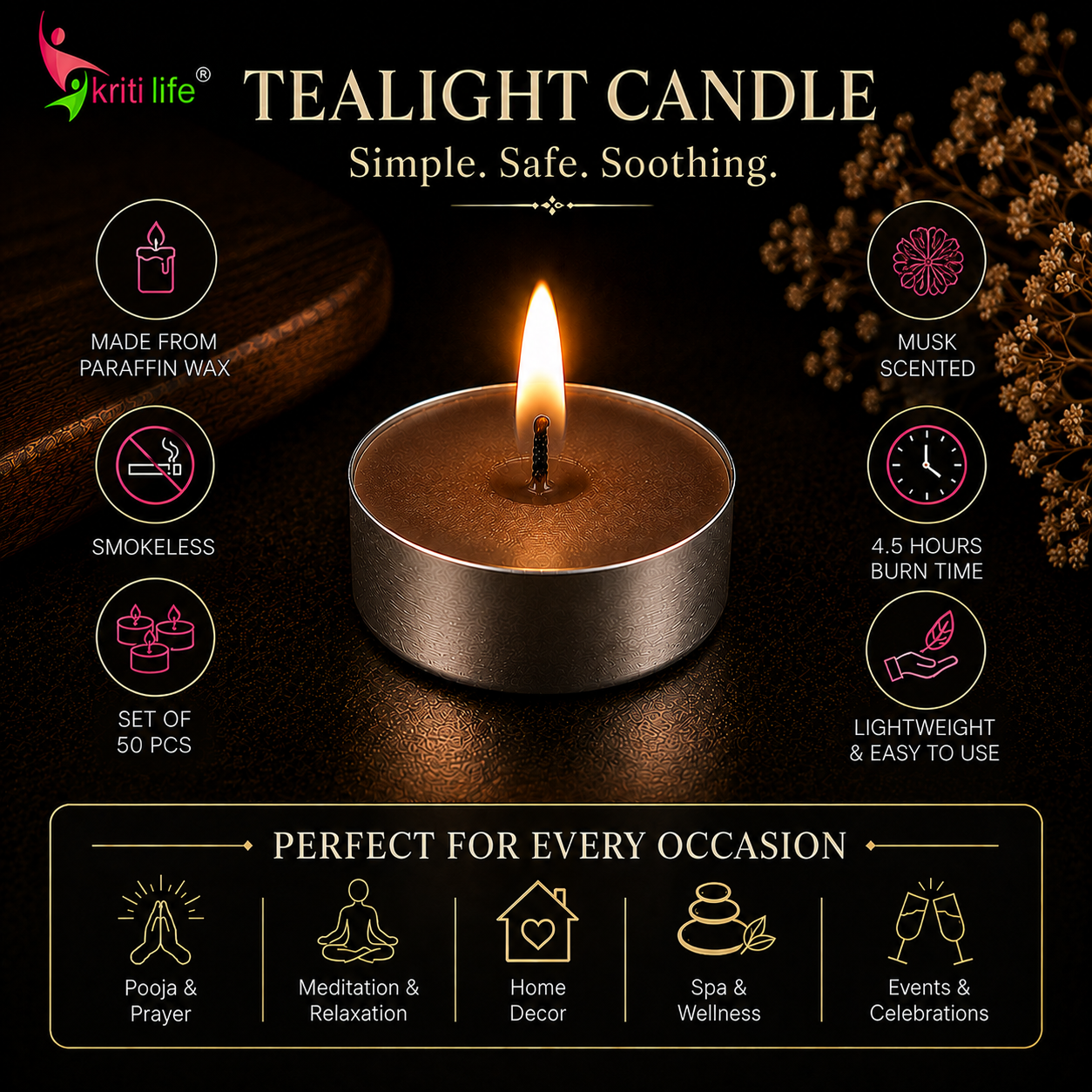Musk Scented Tealight Candles | 4.5 Hour Burn | Set of 50.