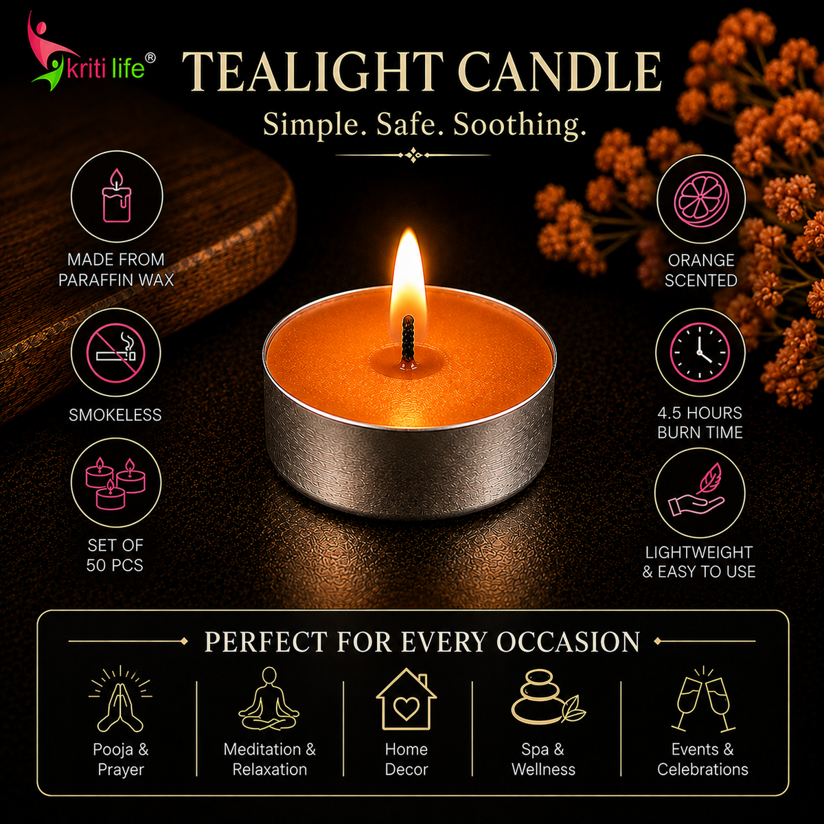 Orange Scented Tealight Candles | 4.5 Hour Burn | Set of 50.