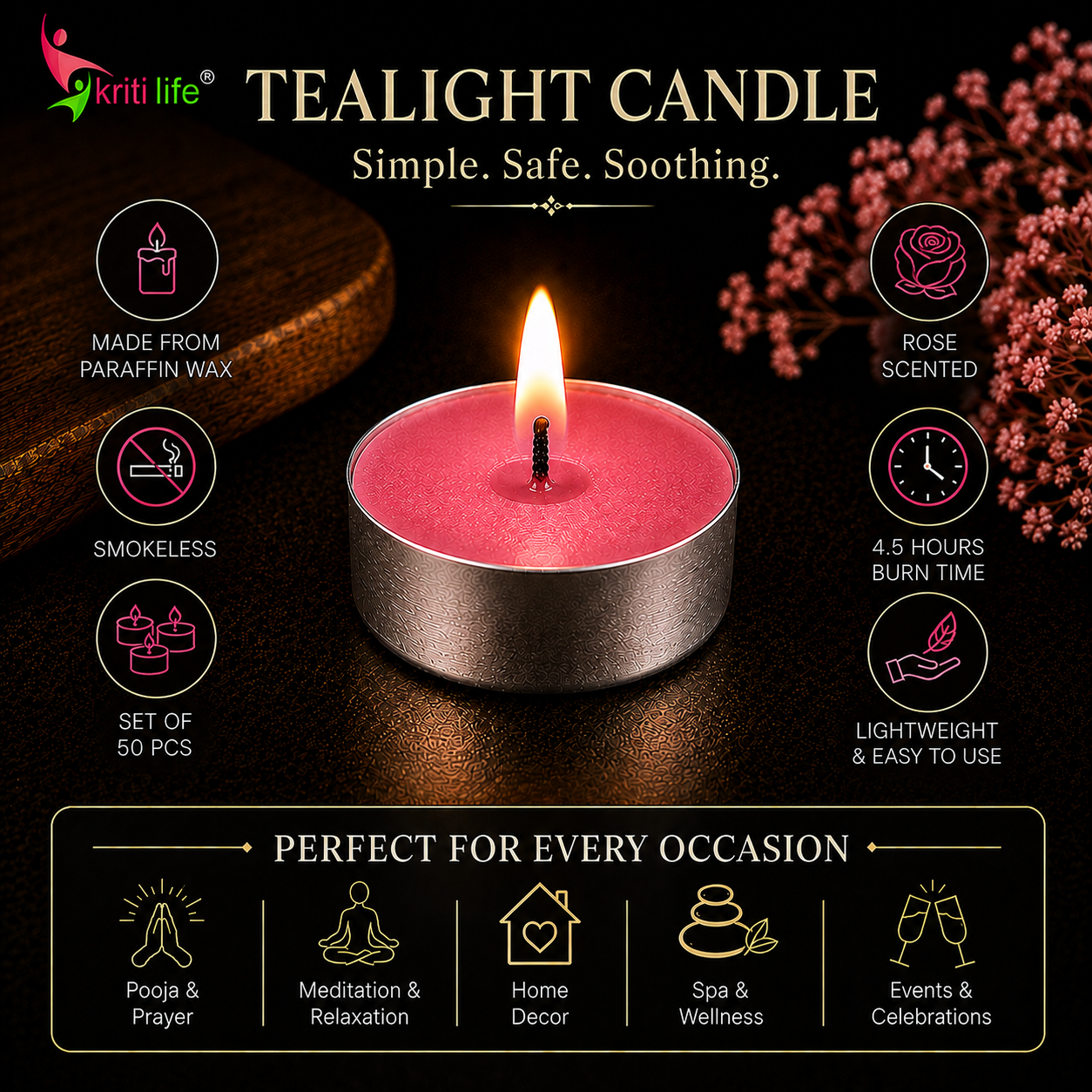 Rose Scented Tealight Candles | 4.5 Hour Burn | Set of 50