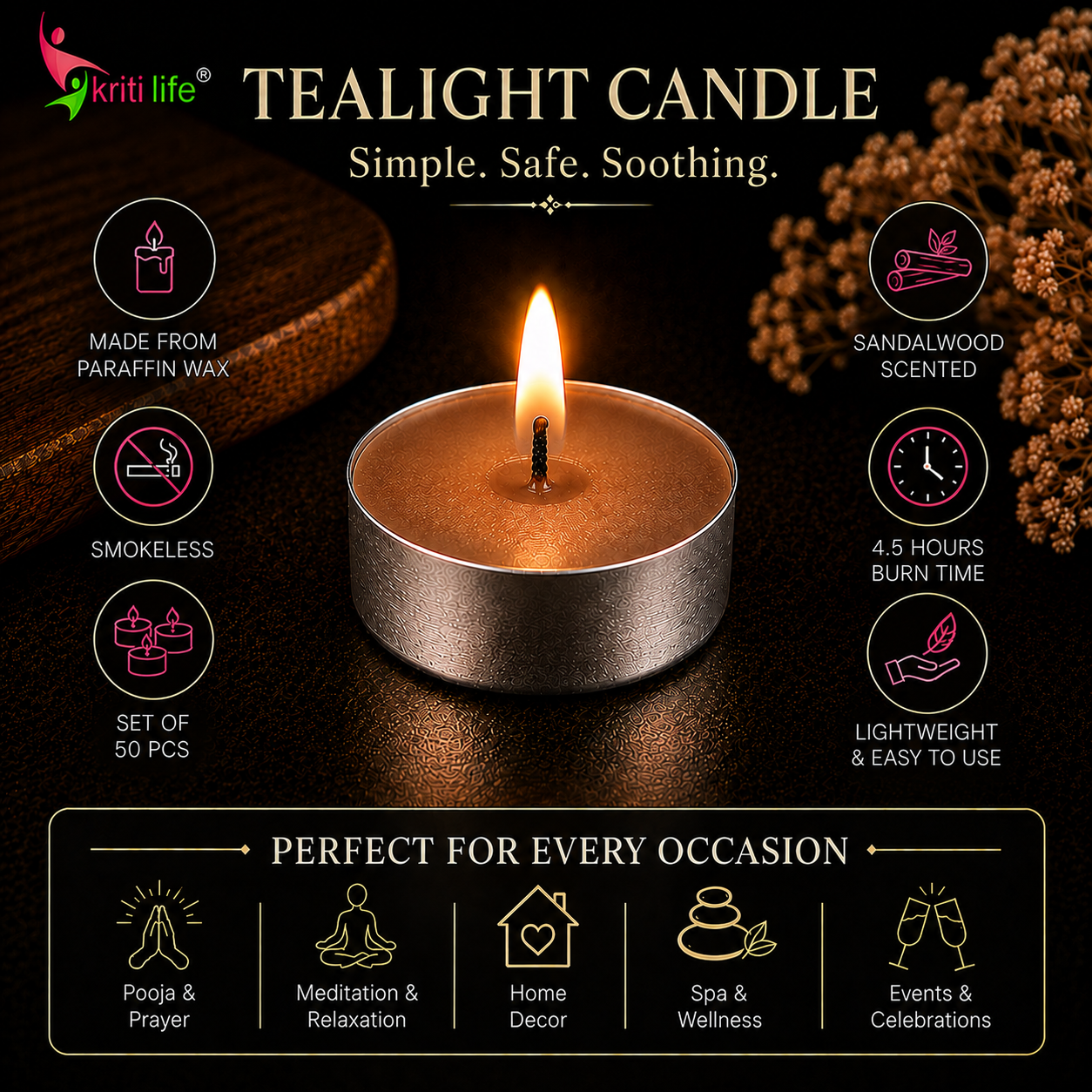 Sandalwood Scented Tealight Candles | 4.5 Hour Burn | Set of 50