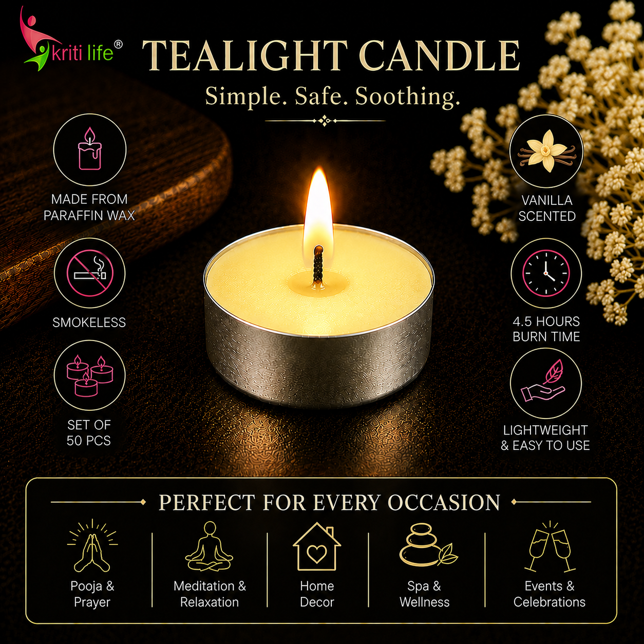 Vanilla Scented Tealight Candles 4.5 Hour Set of 50 Pcs