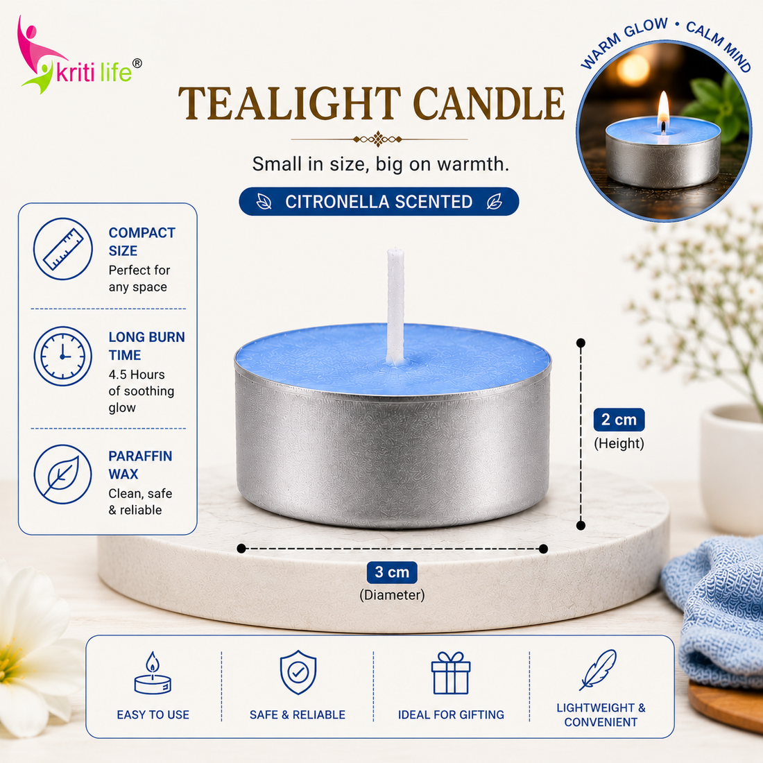 Citronella Scented Tealight Candles | 4.5 Hour Burn | Set of 50.