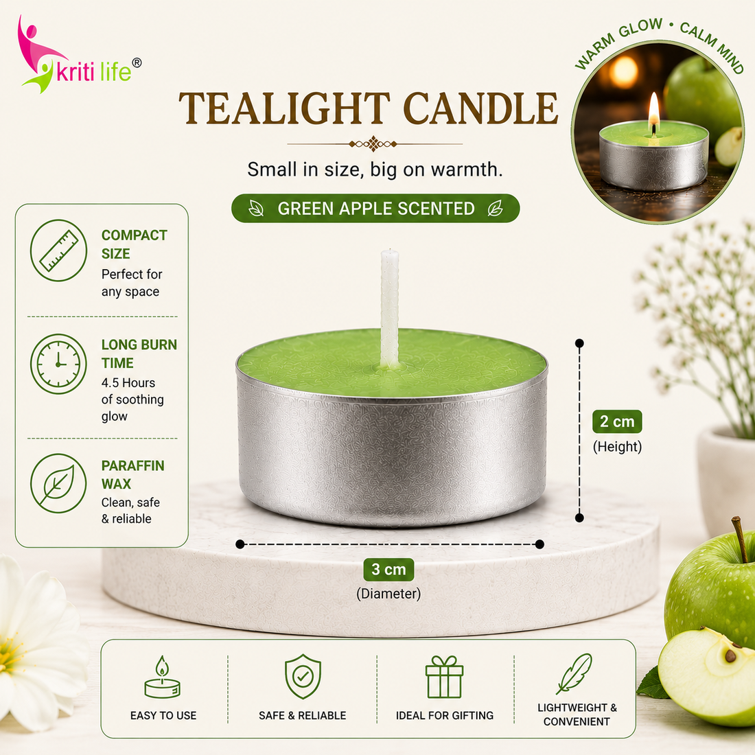 Green Apple Scented Tealight Candles | 4.5 Hour Burn | Set of 50.