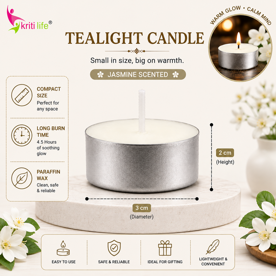 Jasmine Scented Tealight Candles 4.5 Hour Set of 50 Pcs