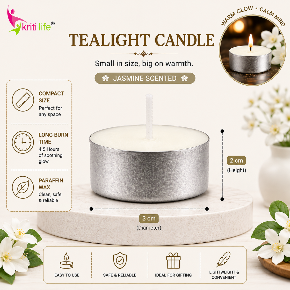 Jasmine Scented Tealight Candles 4.5 Hour Set of 50 Pcs