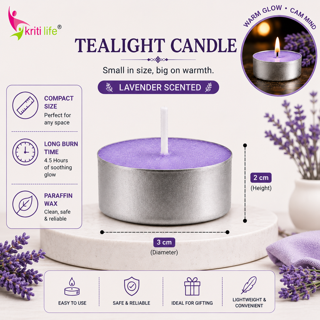 Lavender Scented Tealight Candles | 4.5 Hour Burn | Set of 50.