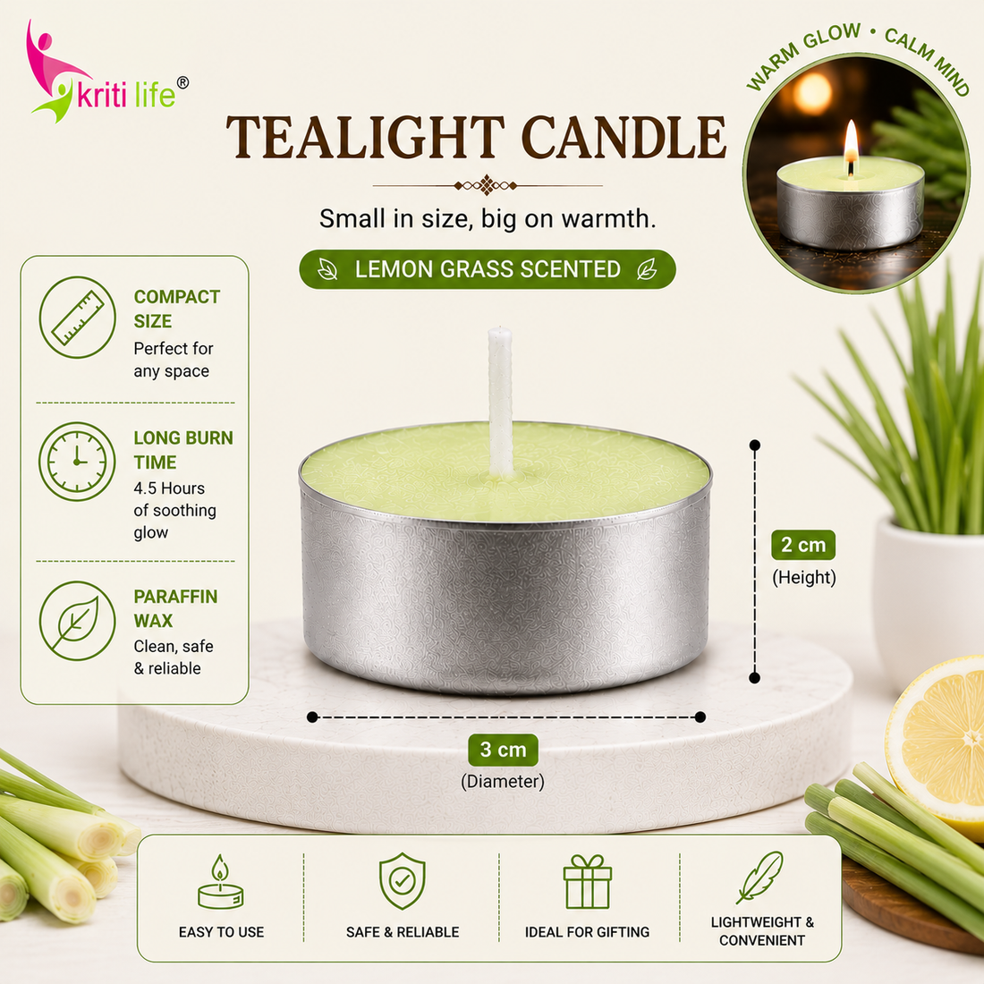 Lemon Grass Scented Tealight Candles | 4.5 Hour Burn | Set of 50.