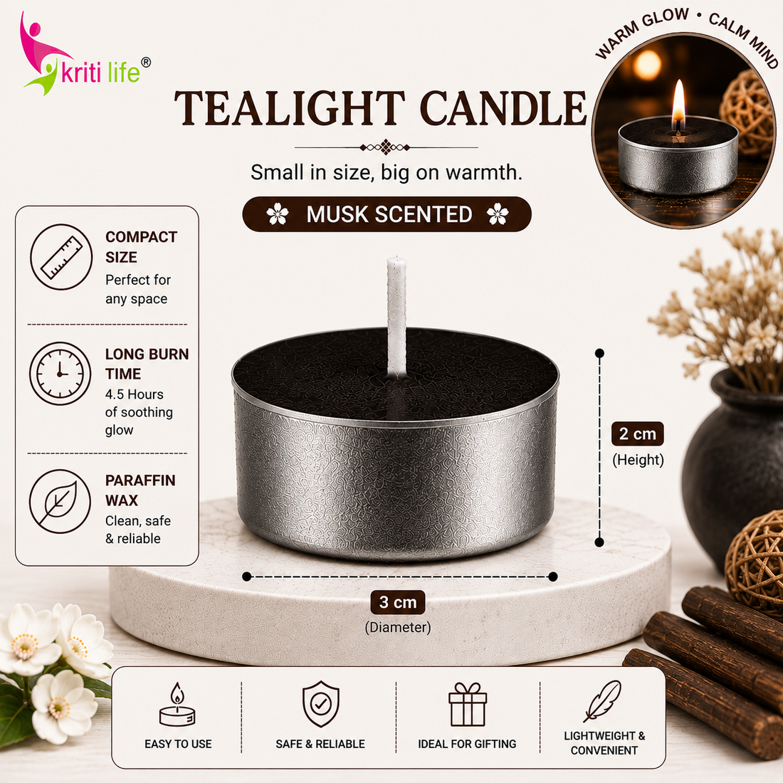 Musk Scented Tealight Candles | 4.5 Hour Burn | Set of 50.