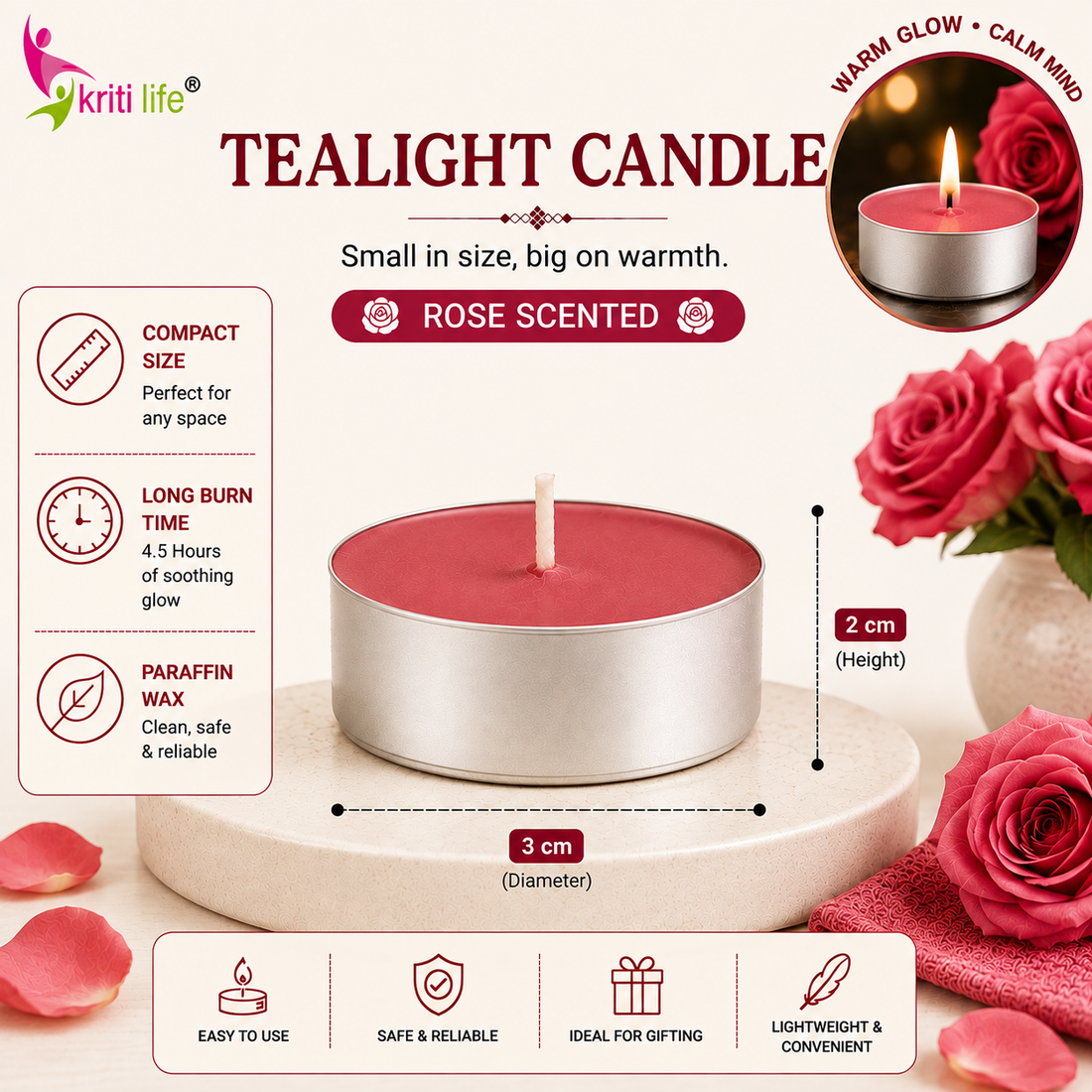 Rose Scented Tealight Candles | 4.5 Hour Burn | Set of 50