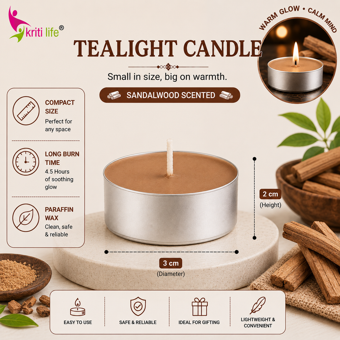 Sandalwood Scented Tealight Candles | 4.5 Hour Burn | Set of 50