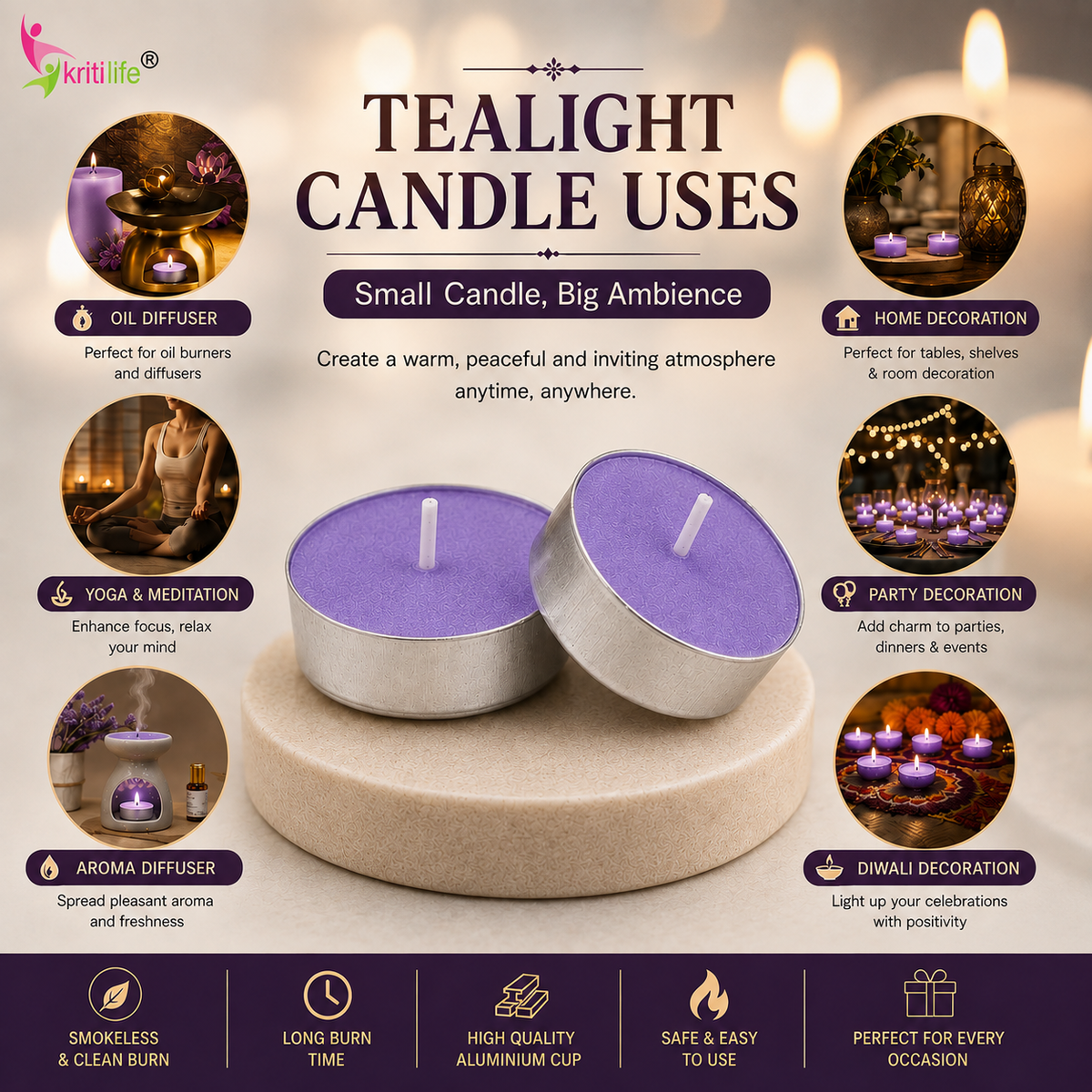 Lavender Scented Tealight Candles | 4.5 Hour Burn | Set of 50.