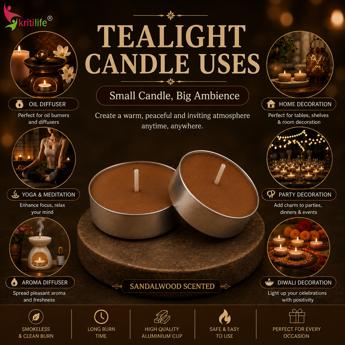 Sandalwood Scented Tealight Candles | 4.5 Hour Burn | Set of 50