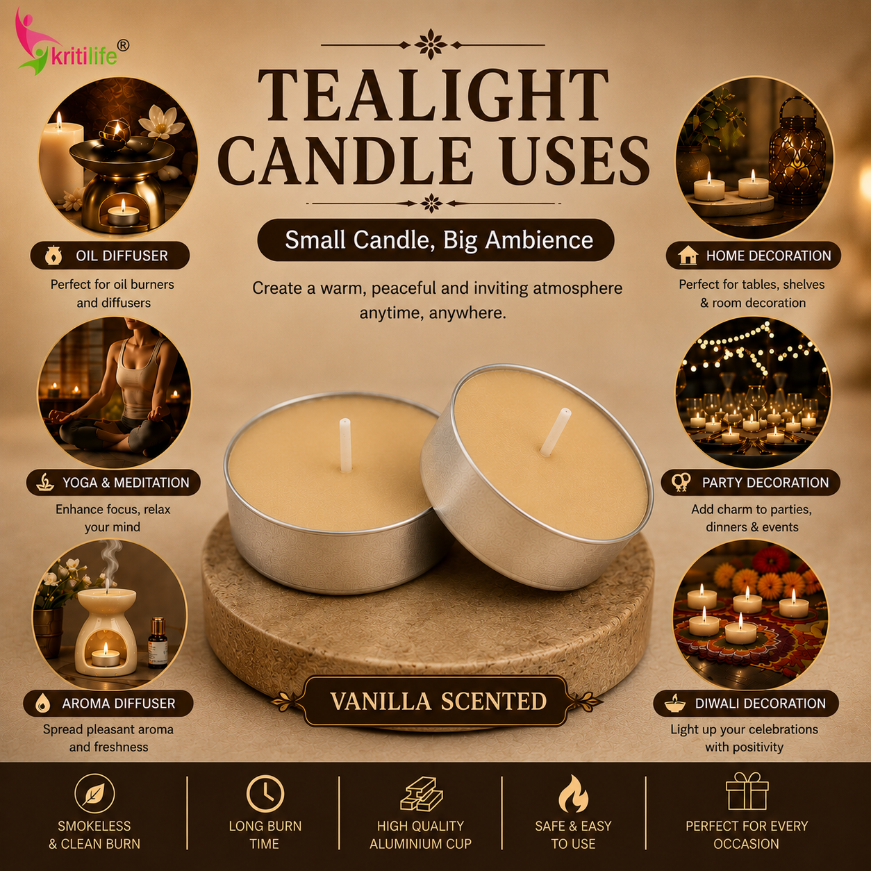 Vanilla Scented Tealight Candles 4.5 Hour Set of 50 Pcs