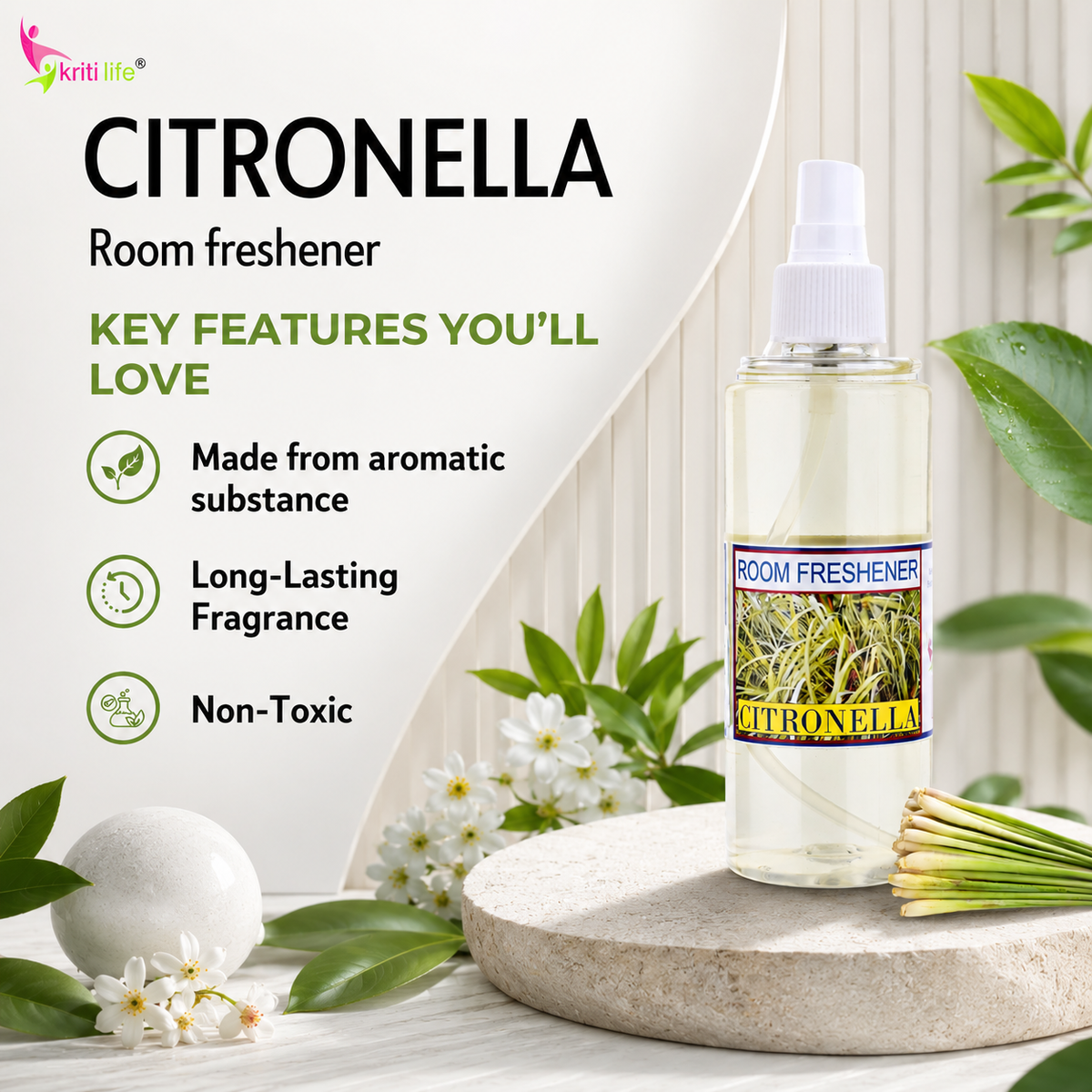 Citronella Room Spray - 165 ML Long-Lasting Fragrance for Home &amp; Office