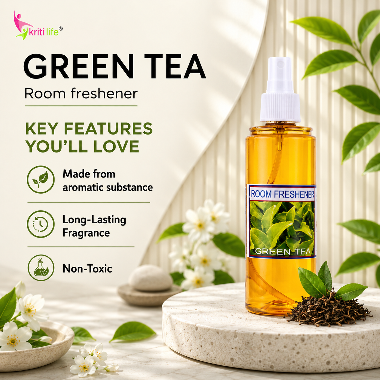 Green Tea - Room Spray - 165 ML Long-Lasting Fragrance for Home &amp; Office.