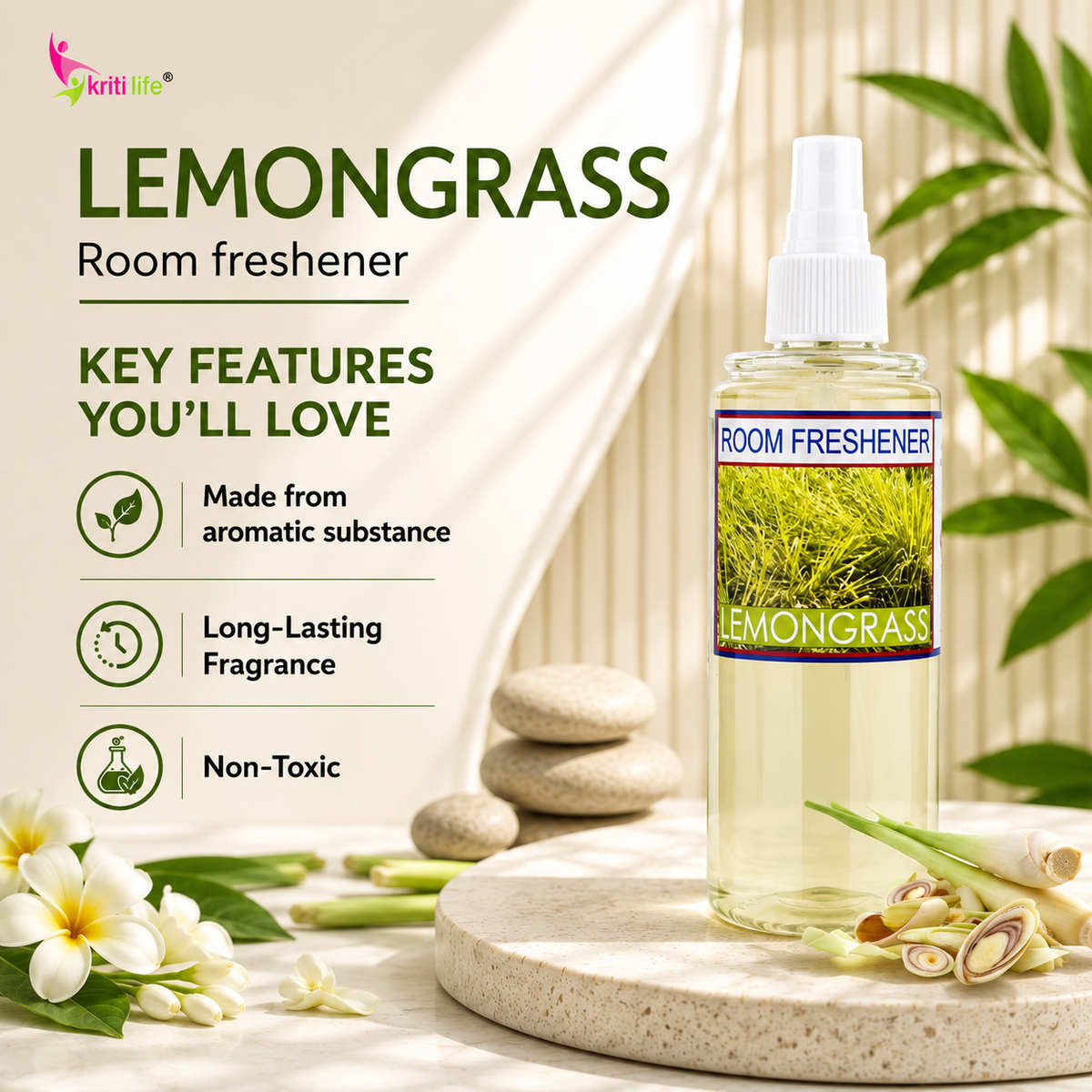 Lemon Grass Room Spray - 165 ML Long-Lasting Fragrance for Home &amp; Office