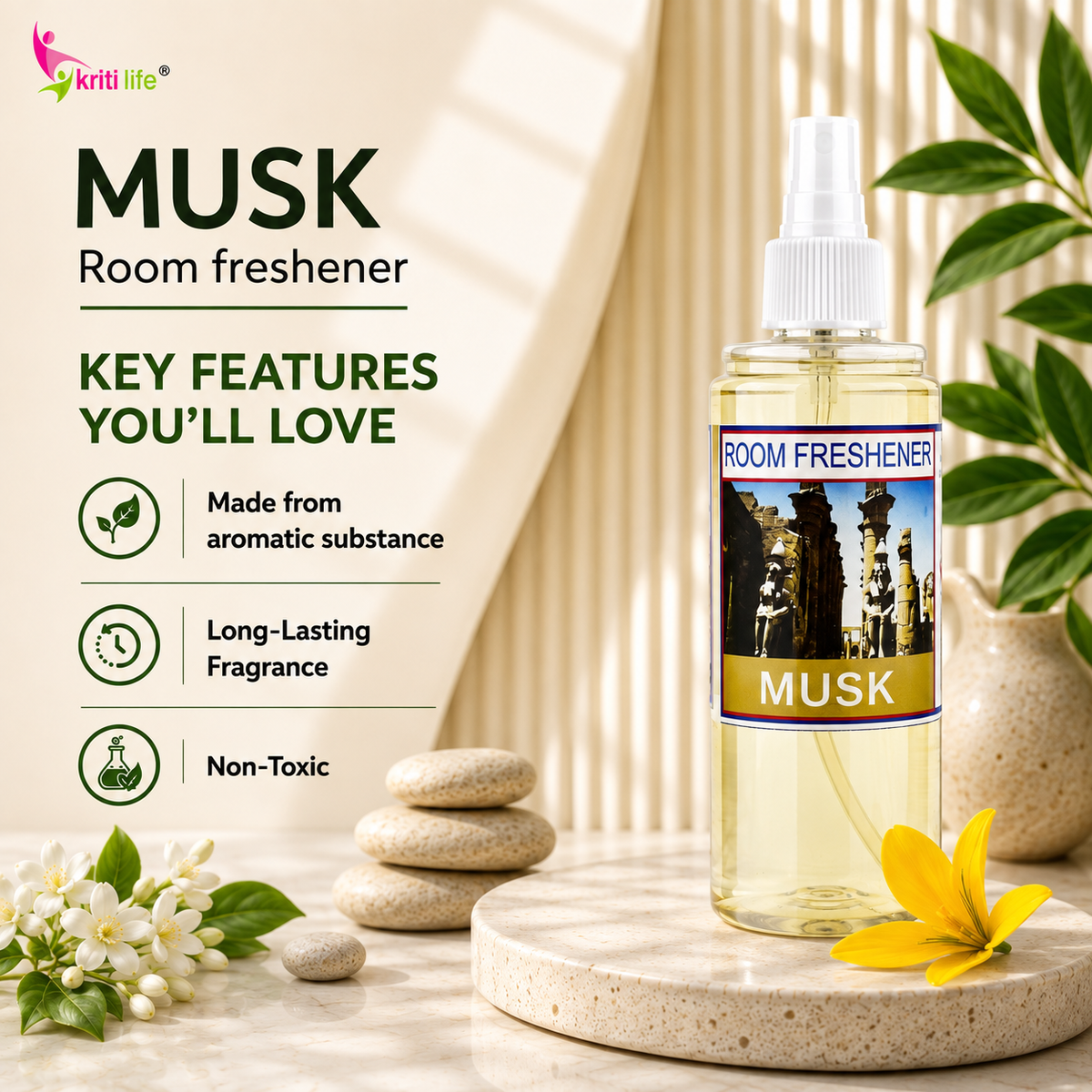 Musk Room Spray - 165 ML Long-Lasting Fragrance for Home &amp; Office.