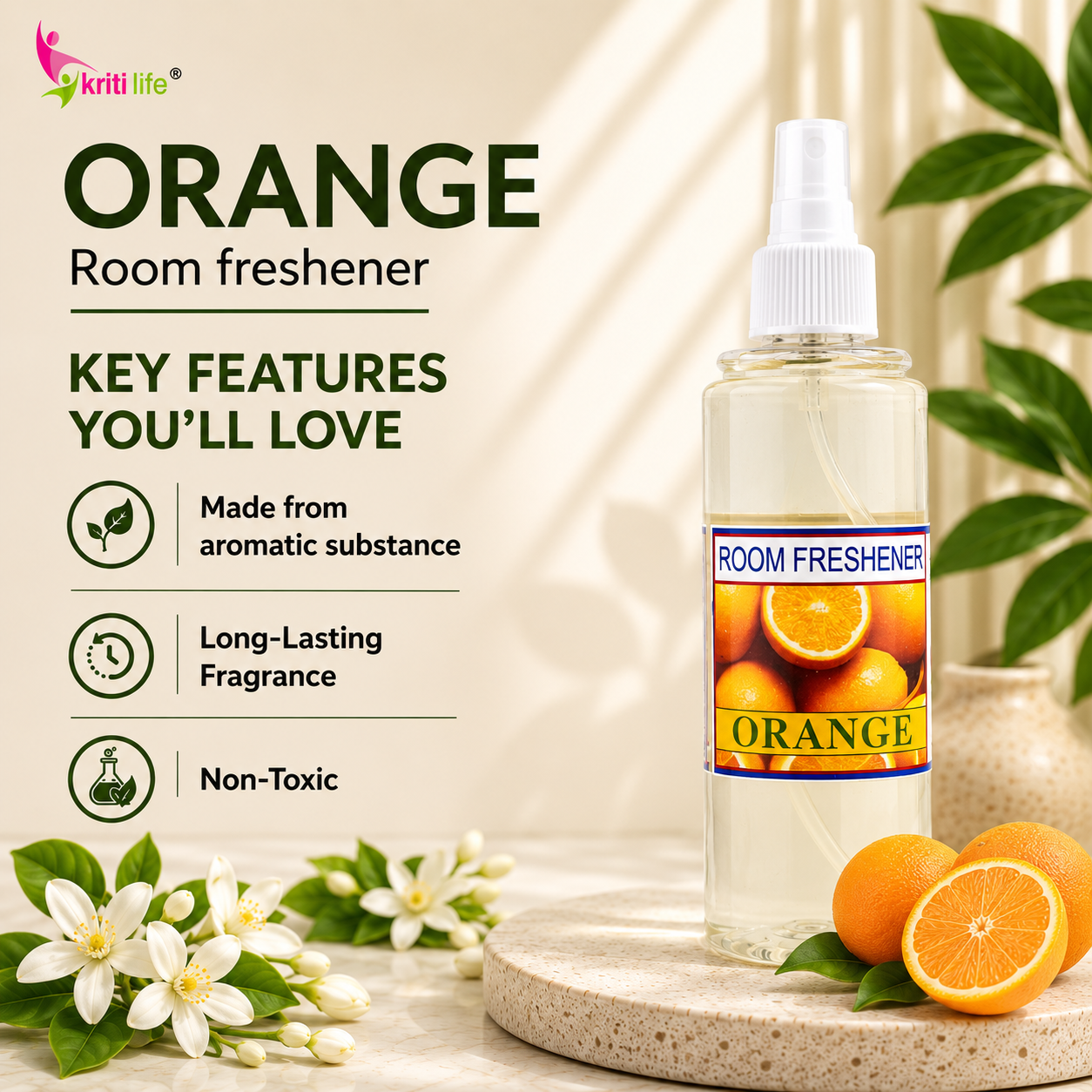 Orange Room Spray - 165 ML Long-Lasting Fragrance for Home &amp; Office.