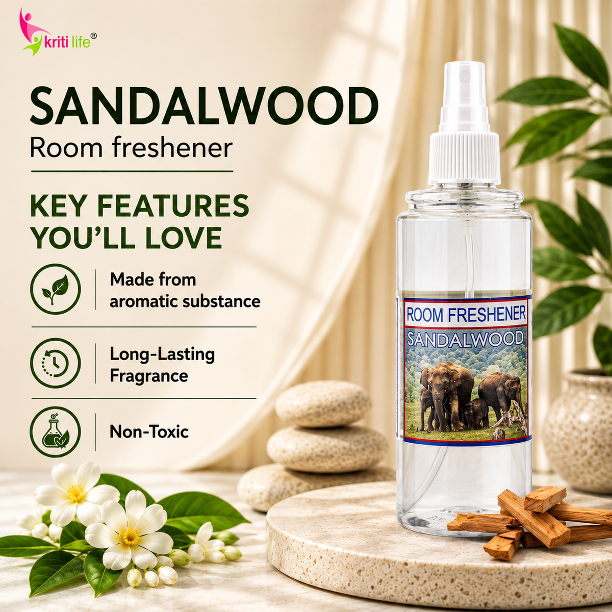 Sandalwood Room Spray - 165 ML Long-Lasting Fragrance for Home &amp; Office