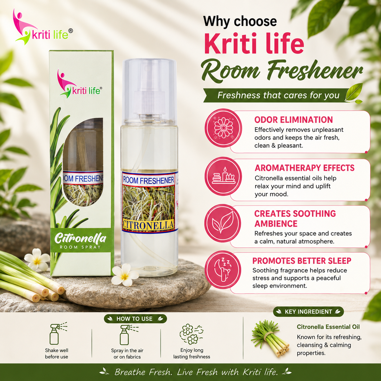 Citronella Room Spray - 165 ML Long-Lasting Fragrance for Home &amp; Office