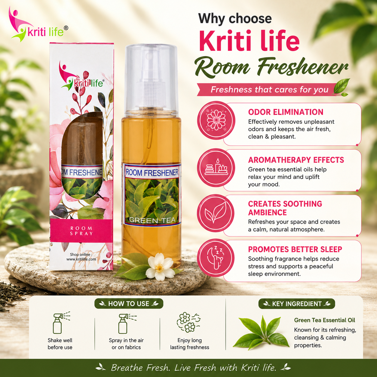 Green Tea - Room Spray - 165 ML Long-Lasting Fragrance for Home &amp; Office.