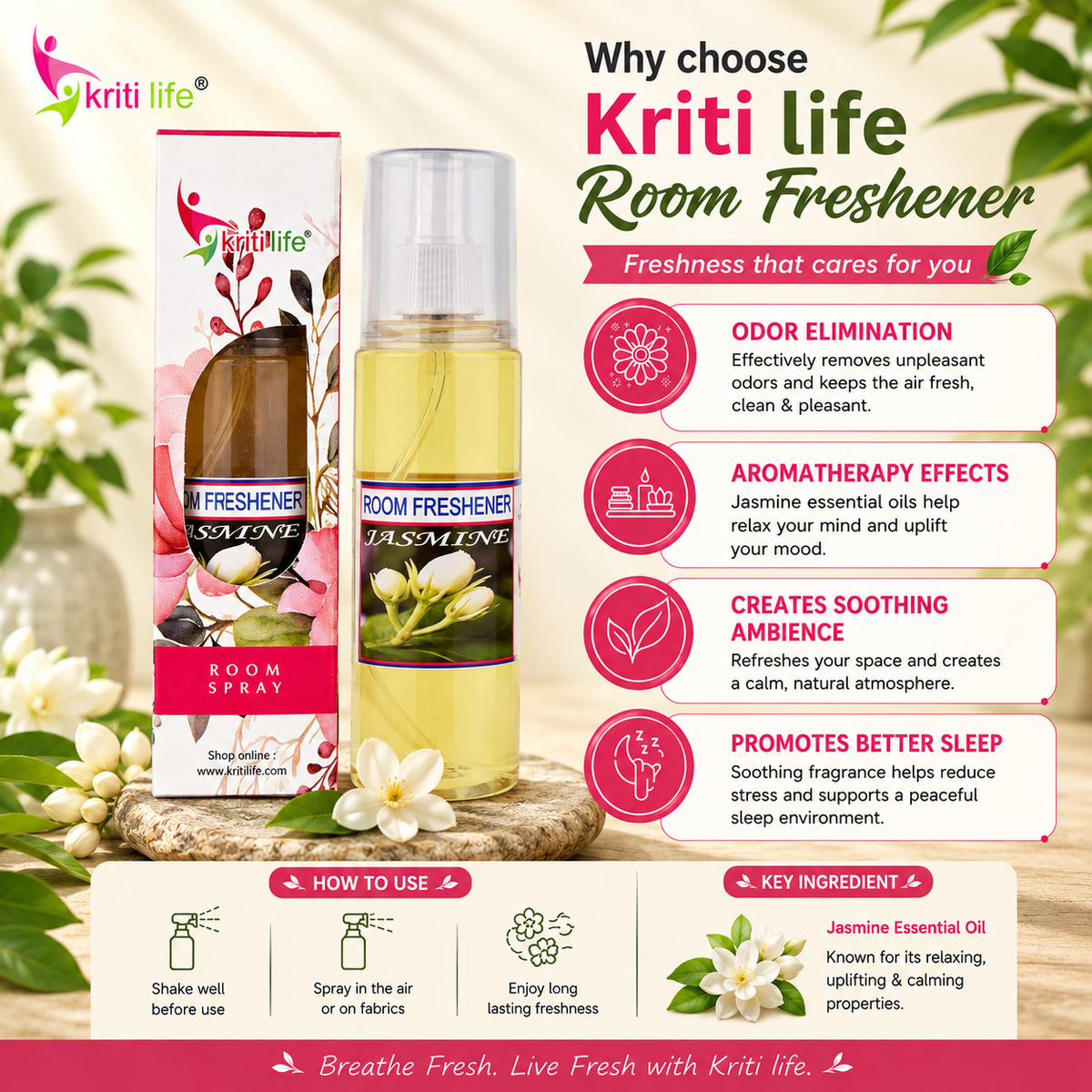 Jasmine Room Spray - 165 ML Long-Lasting Fragrance for Home &amp; Office