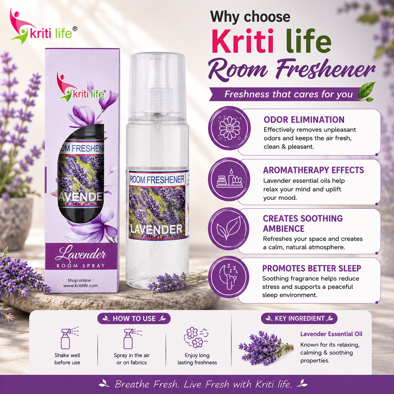 Lavender Room Spray - 165 ML Long-Lasting Fragrance for Home &amp; Office