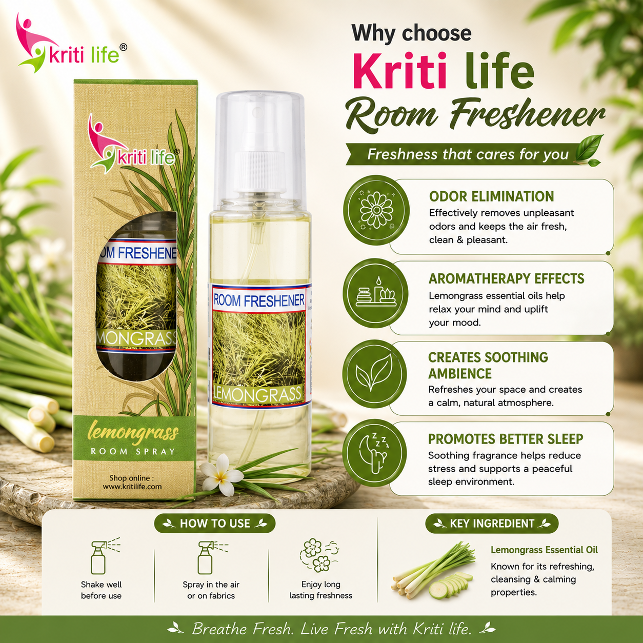 Lemon Grass Room Spray - 165 ML Long-Lasting Fragrance for Home &amp; Office